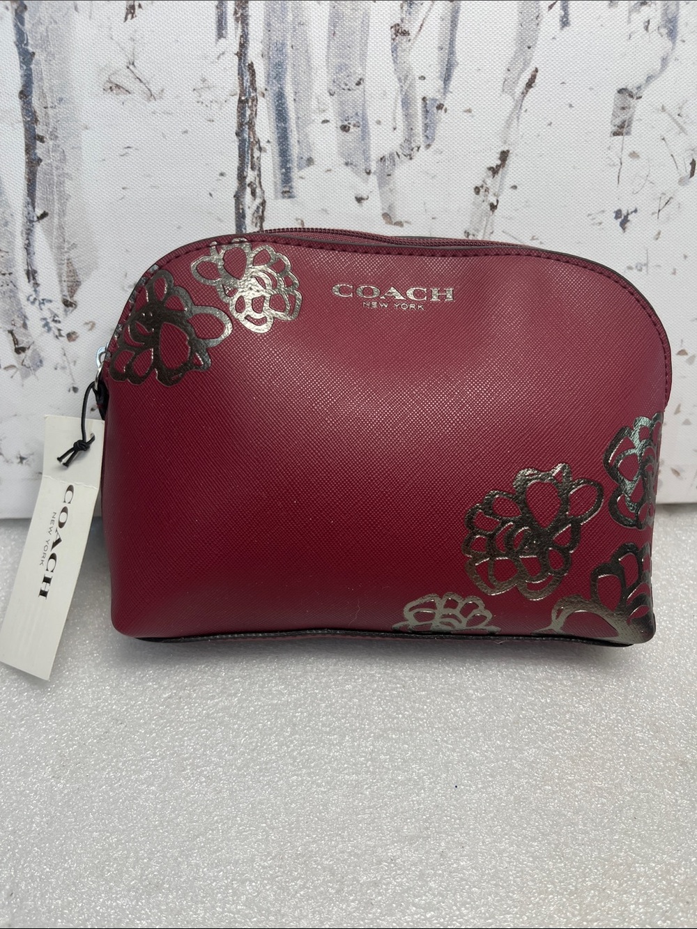 Coach Burgundy Saffiano Leather Floral Cosmetic Makeup Bag